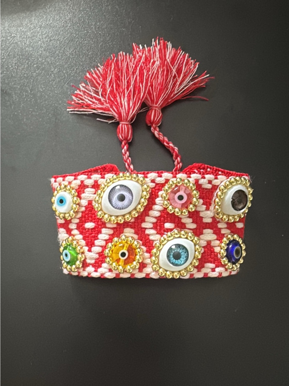 Red Beaded Evil Eye Braided Bracelet with Tassels
